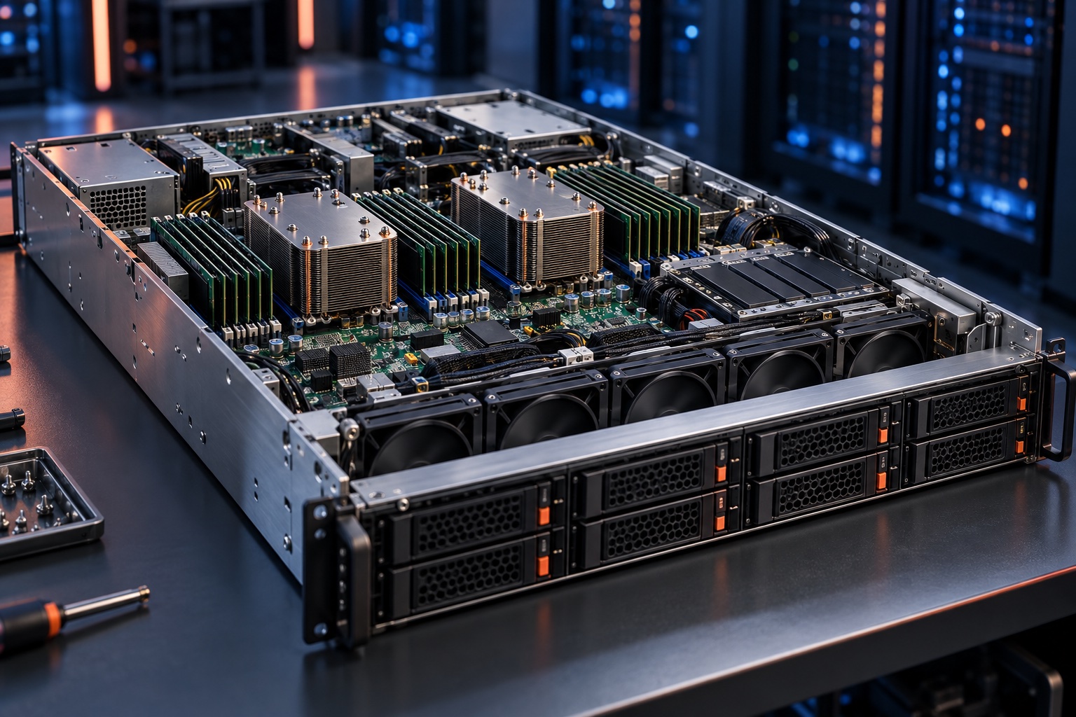 Rack server interior with dedicated compute hardware